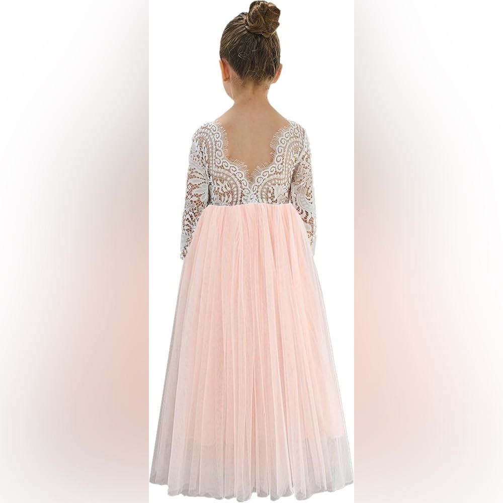 Pink and White Lace Formal Tutu Tulle Party Flower Girl Wedding Dress